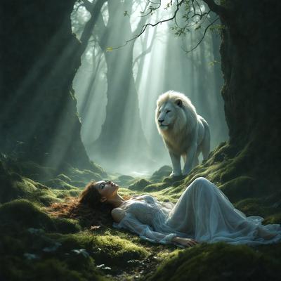 The primary subject of the image is a woman lying on the ground, surrounded by a forest. The setting includes trees, grass, and a lion nearby. The visual style is a digital art, creating a surreal and dreamy atmosphere. The colors are predominantly green, with the woman's dress being white, and the lion's fur being white as well. The overall mood of the image is serene and peaceful, with the woman seemingly at ease in the presence of the majestic lion.